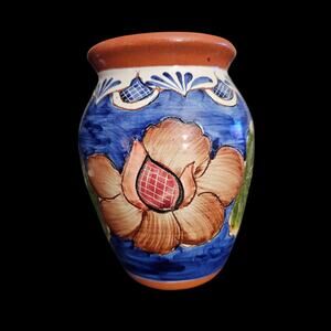 Signed Portugal 51 Hand Painted Pottery Vase Blue Floral Terracotta